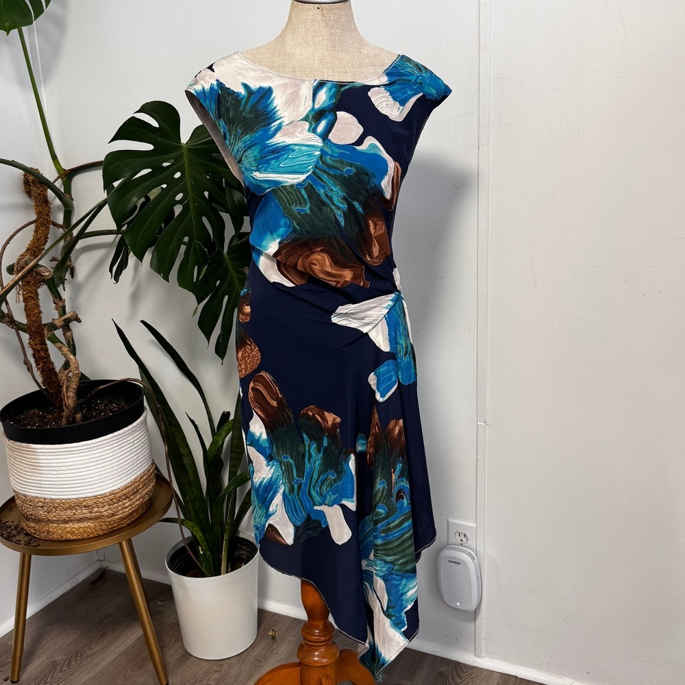Collique Anthropologie Silk Asymmetrical Dress Womens 12 Navy Floral Draped Boho